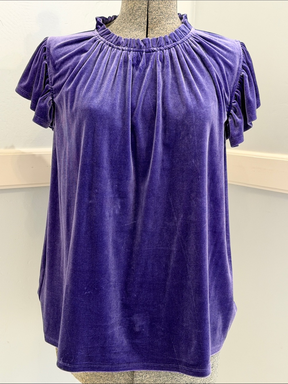 BiBi Velvet Ruffle-Neck Short Sleeve Top in Purple